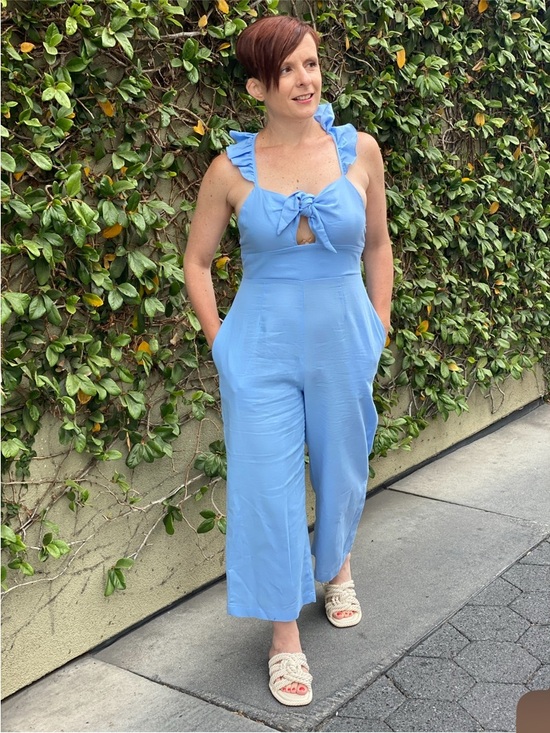 Zara Pants - Zara Ruffle Strap Tie-Front Wide-Leg Jumpsuit - Light Blue